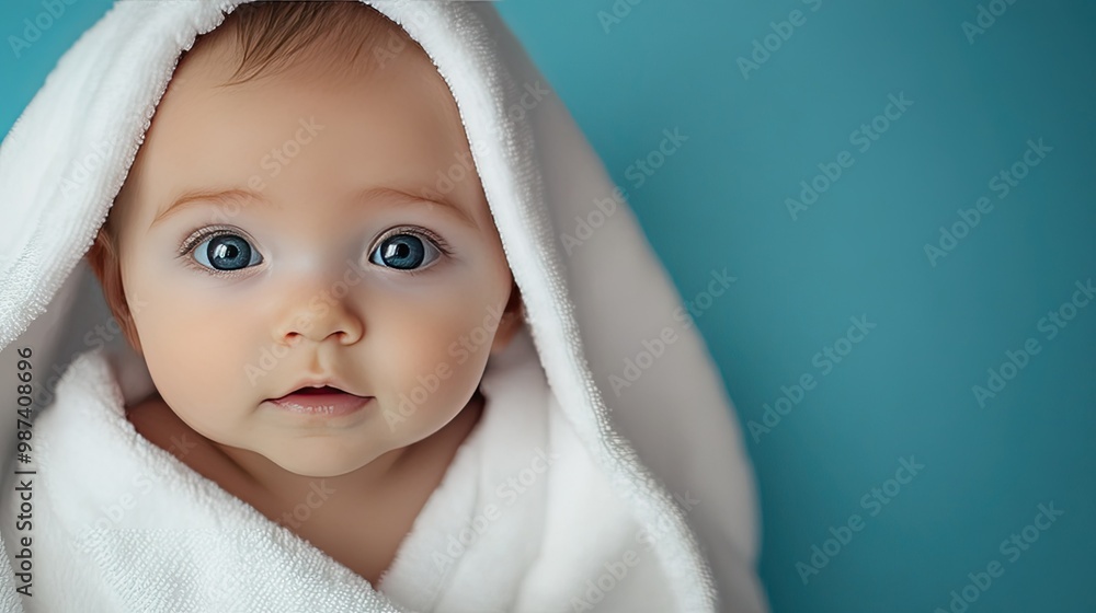 Newborn baby wrapped in a towel after a bath, with space for copy to the side. Newborn baby wrapped in a towel after a bath, with space for copy to the side.