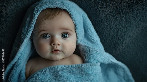 Newborn baby wrapped in a towel after a bath, with space for copy to the side.