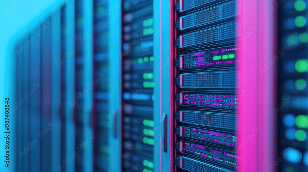 High-tech server room with illuminated racks showcasing data storage and connectivity in a modern digital environment. High-tech server room with illuminated racks showcasing data storage and connectivity in a modern digital environment.
