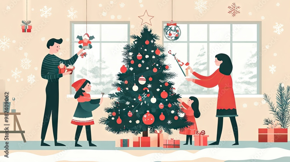 Parents and kids decorating a Christmas tree, with room for text above the scene. Parents and kids decorating a Christmas tree, with room for text above the scene.