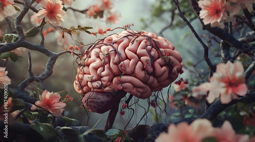 Flourishing Mind Entangled in Calming Woodland Scenery 3D depicting the interconnectedness of the human brain and the natural world photo