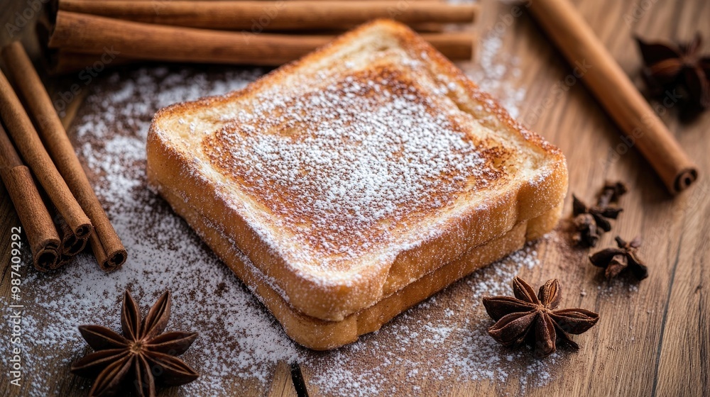 A slice of cinnamon toast dusted with powdered sugar, surrounded by whole cinnamon sticks and star anise, creating a cozy and inviting breakfast scene. A slice of cinnamon toast dusted with powdered sugar, surrounded by whole cinnamon sticks and star anise, creating a cozy and inviting breakfast scene.