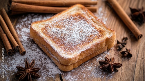 A slice of cinnamon toast dusted with powdered sugar, surrounded by whole cinnamon sticks and star anise, creating a cozy and inviting breakfast scene.