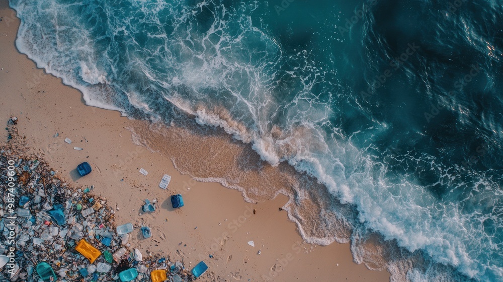 A beach littered with plastic waste, highlighting the issue of plastic pollution and its devastating impact on marine life A beach littered with plastic waste, highlighting the issue of plastic pollution and its devastating impact on marine life