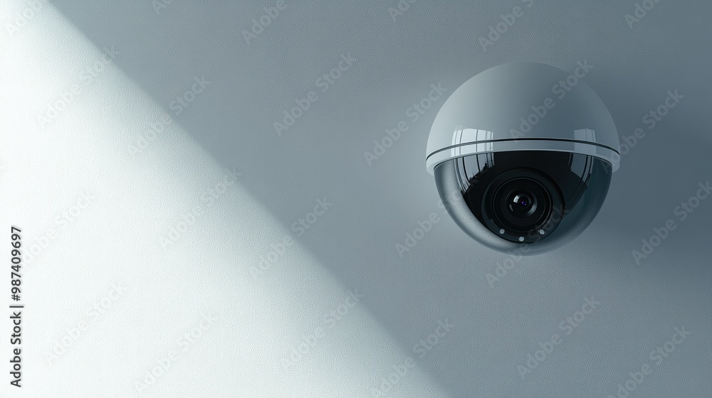 Side view of a dome-style closed-circuit camera with a blank wall behind it, offering ample space for text or logos. - Side view of a dome-style closed-circuit camera with a blank wall behind it, offering ample space for text or logos. -