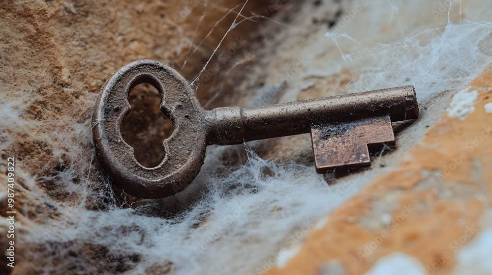 Forgotten Rusty Key Lying Neglected in Cobweb Covered Corner Symbolizing Missed Opportunities and the Past Left Behind Forgotten Rusty Key Lying Neglected in Cobweb Covered Corner Symbolizing Missed Opportunities and the Past Left Behind