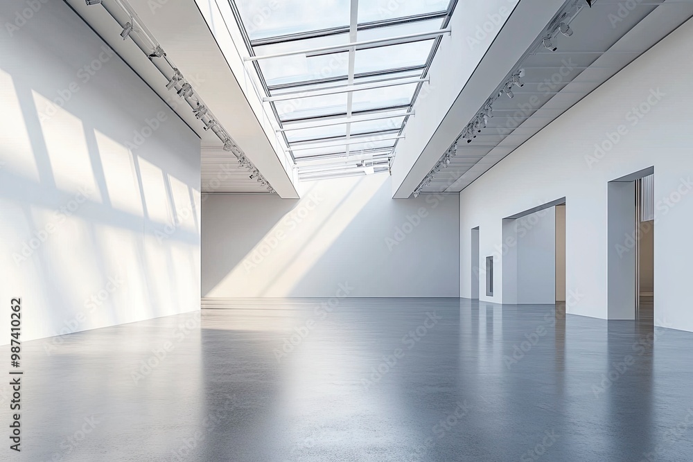 An empty modern gallery room with blank walls and a high ceiling with skylights, on a grey background, concept of a contemporary art space. generative ai An empty modern gallery room with blank walls and a high ceiling with skylights, on a grey background, concept of a contemporary art space. generative ai
