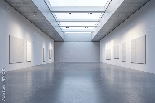 An empty modern gallery room with blank walls and a high ceiling with skylights, on a grey background, concept of a contemporary art space. generative ai