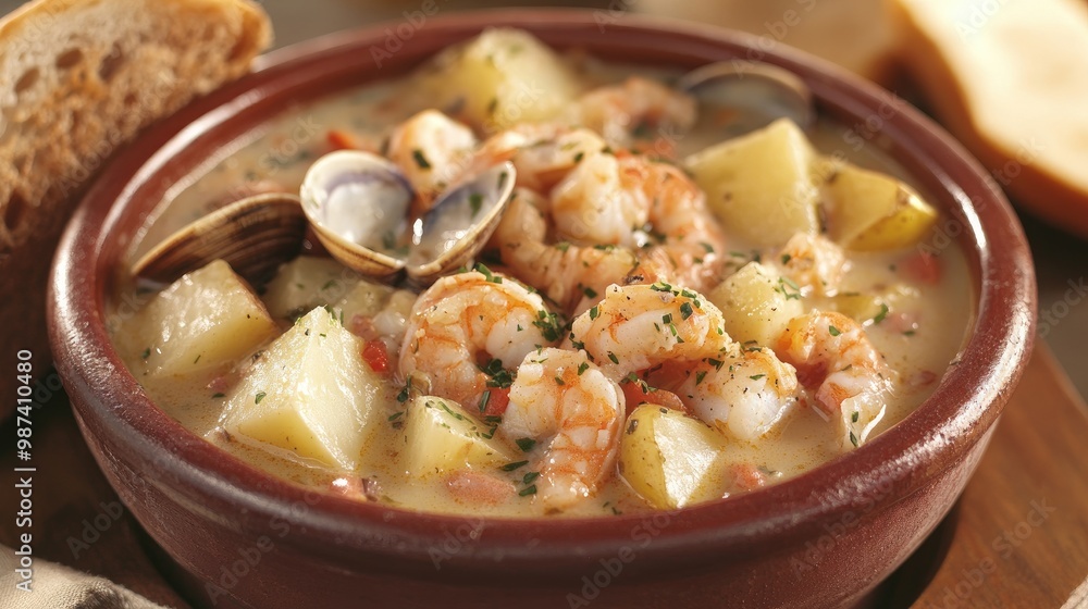 A steaming bowl of seafood chowder, filled with clams, shrimp, and potatoes, served with crusty bread on the side, perfect for a cozy meal. A steaming bowl of seafood chowder, filled with clams, shrimp, and potatoes, served with crusty bread on the side, perfect for a cozy meal.
