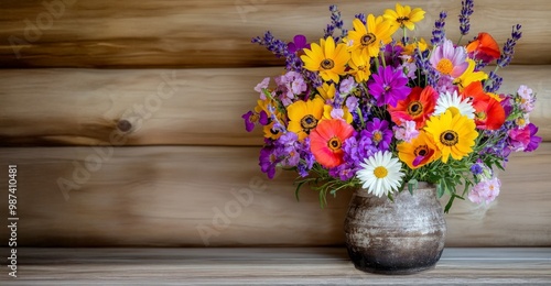 Wallpaper Mural A vibrant bouquet of wildflowers in a rustic vase against a wooden background Torontodigital.ca