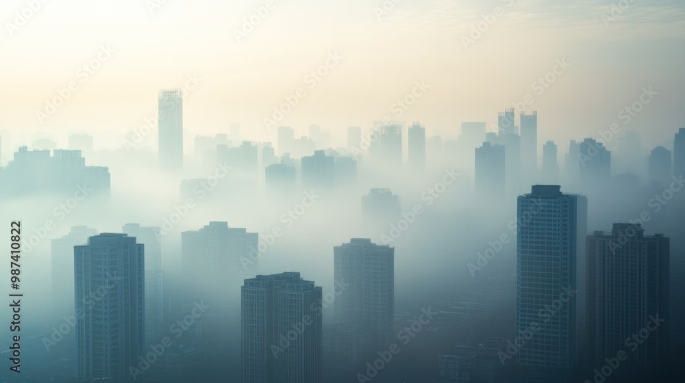 A city skyline darkened by thick smog, showing the severe impact of air pollution on urban populations and the environment A city skyline darkened by thick smog, showing the severe impact of air pollution on urban populations and the environment