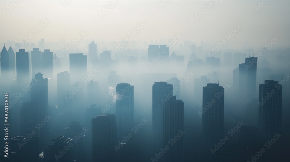 A city skyline darkened by thick smog, showing the severe impact of air pollution on urban populations and the environment A city skyline darkened by thick smog, showing the severe impact of air pollution on urban populations and the environment