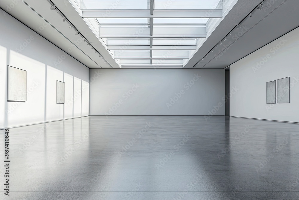 An empty modern gallery room with blank walls and a high ceiling with skylights, on a grey background, concept of a contemporary art space. generative ai An empty modern gallery room with blank walls and a high ceiling with skylights, on a grey background, concept of a contemporary art space. generative ai