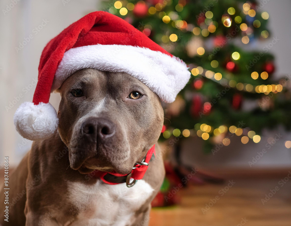 dog in holiday outfit with red Santa hat in front of Christmas tree and lights. dog in holiday outfit with red Santa hat in front of Christmas tree and lights.