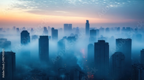 A city skyline darkened by thick smog, showing the severe impact of air pollution on urban populations and the environment