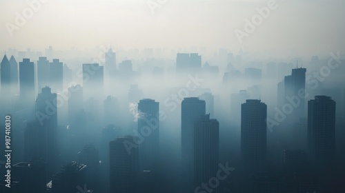 A city skyline darkened by thick smog, showing the severe impact of air pollution on urban populations and the environment