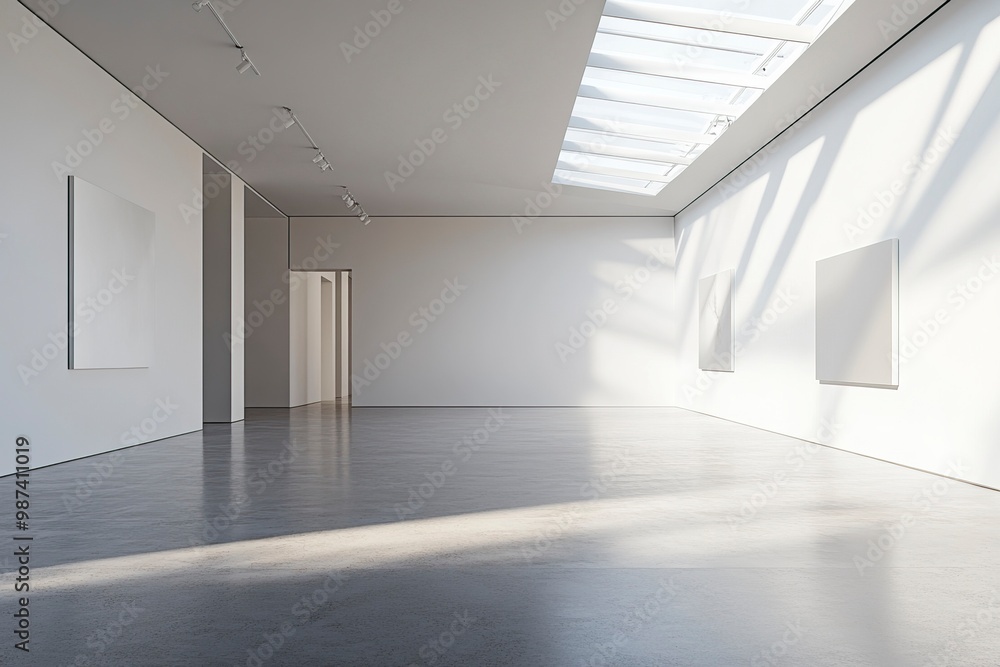 An empty modern gallery room with blank walls and a high ceiling with skylights, on a grey background, concept of a contemporary art space. generative ai An empty modern gallery room with blank walls and a high ceiling with skylights, on a grey background, concept of a contemporary art space. generative ai