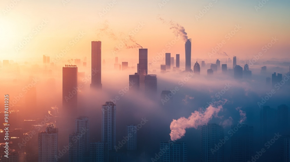 A city skyline obscured by smog, illustrating the impact of air pollution on urban life and the need for clean energy solutions A city skyline obscured by smog, illustrating the impact of air pollution on urban life and the need for clean energy solutions