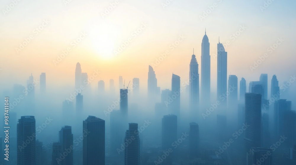 Fototapeta premium A city skyline obscured by smog, illustrating the impact of air pollution on urban life and the need for clean energy solutions