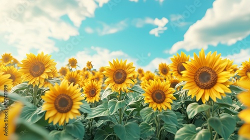 Side view of a vibrant sunflower field with a wide-open space at the top for adding copy or product details