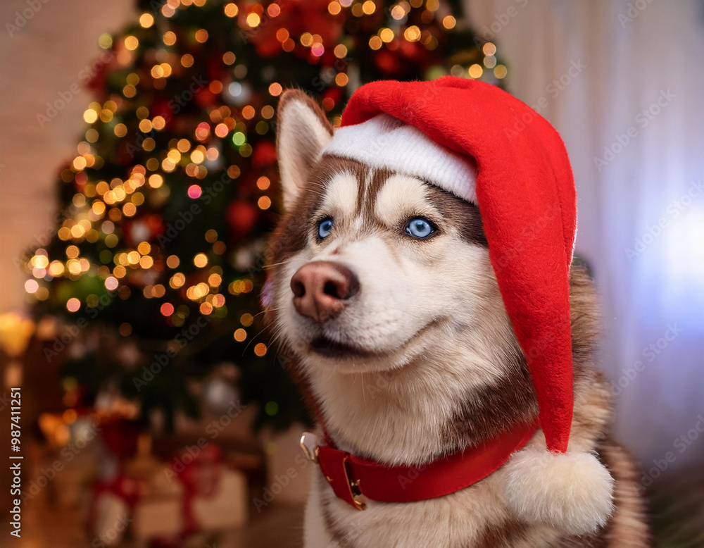 Siberian Husky dog in holiday outfit with red Santa hat in front of Christmas tree and lights. Siberian Husky dog in holiday outfit with red Santa hat in front of Christmas tree and lights.