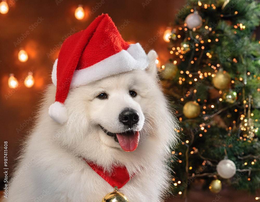 Samoyed dog in holiday outfit with red Santa hat in front of Christmas tree and lights. Samoyed dog in holiday outfit with red Santa hat in front of Christmas tree and lights.