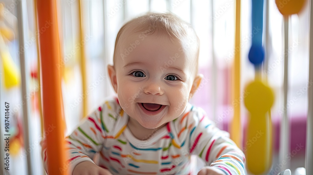 Smiling infant in a playpen, with ample space around them for text placement. Smiling infant in a playpen, with ample space around them for text placement.