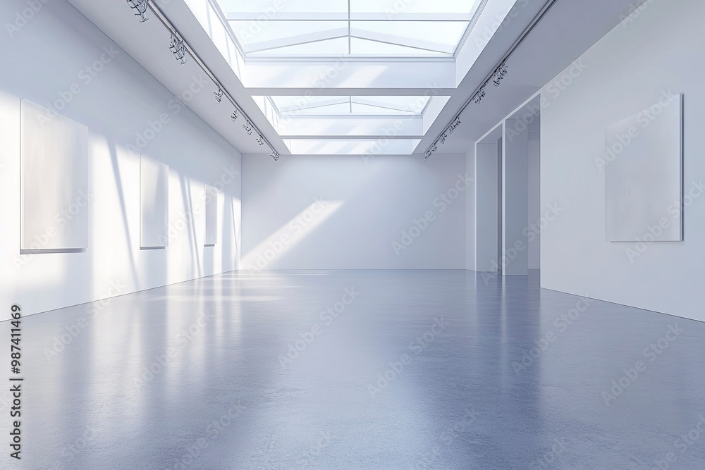 An empty modern gallery room with blank walls and a high ceiling with skylights, on a grey background, concept of a contemporary art space. generative ai An empty modern gallery room with blank walls and a high ceiling with skylights, on a grey background, concept of a contemporary art space. generative ai