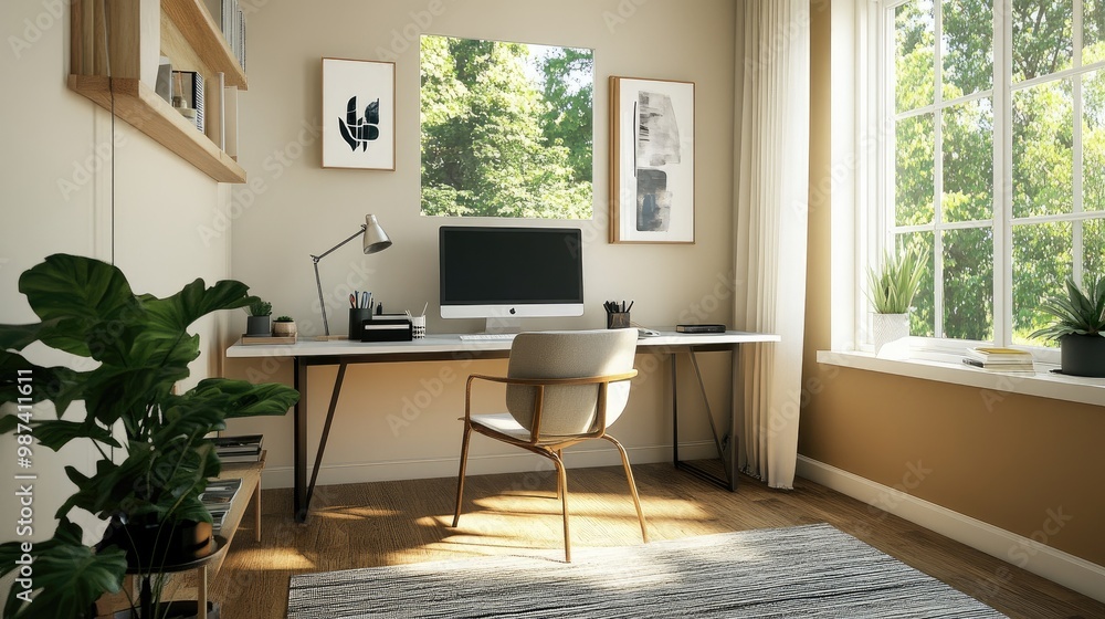 Naklejka premium A stylish home office in a minimalist design, with a clean desk, ergonomic chair, and minimal decor, promoting productivity and focus.