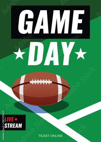 American football game day background. Simple flat style vector illustration. Green football field banner. Design concept for a flyer or poster. Sports theme. Competition championship concept