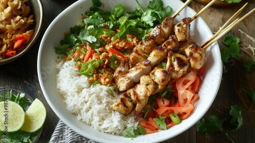 Spicy Thai som tam papaya salad in a white bowl, served with sticky rice and grilled chicken skewers, ready to eat. photo