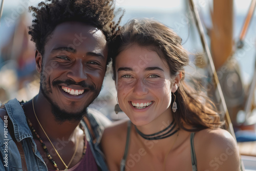 Smiling young mixed race couple enjoying sailboat ride on sunny summer day.