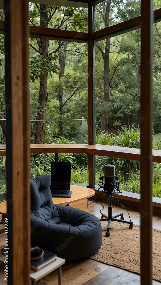 Podcast studio in a tranquil natural setting. Podcast studio in a tranquil natural setting.