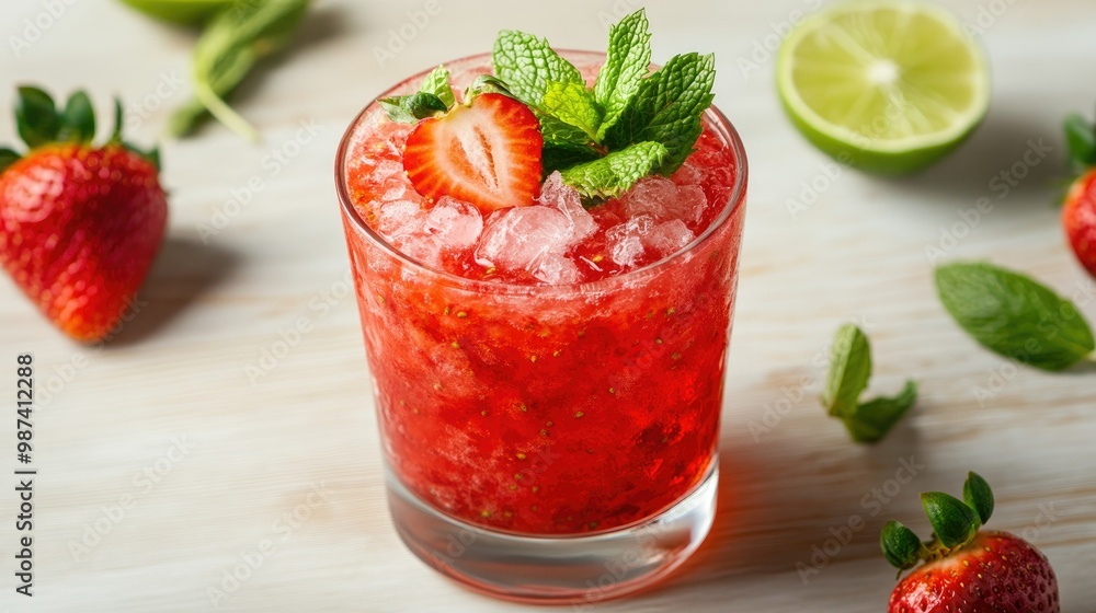 Tom strawberry cocktail with crushed ice, strawberries, and lime, beautifully arranged with mint leaves on a light wooden surface. Tom strawberry cocktail with crushed ice, strawberries, and lime, beautifully arranged with mint leaves on a light wooden surface.