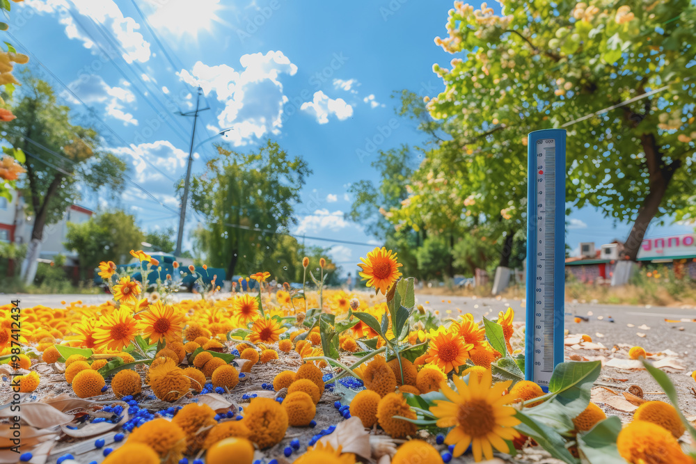Thermometer displaying hot temperatures on summer day. Both Celsius and Fahrenheit. Thermometer displaying hot temperatures on summer day. Both Celsius and Fahrenheit.