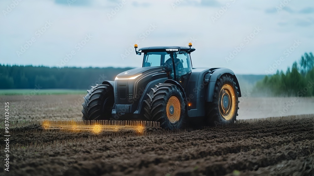 Futuristic Tractor with Autonomous Navigation Plowing a Rural Landscape Futuristic Tractor with Autonomous Navigation Plowing a Rural Landscape