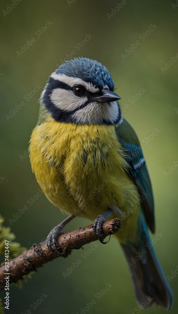 Portrait of a vibrant blue tit bird on a green leaf. Portrait of a vibrant blue tit bird on a green leaf.