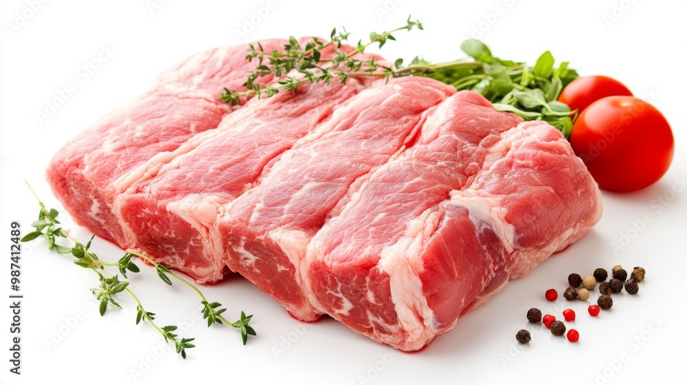 A raw pork roast with visible marbling and a white background, showcasing the meat quality and readiness for oven roasting or slow cooking. A raw pork roast with visible marbling and a white background, showcasing the meat quality and readiness for oven roasting or slow cooking.
