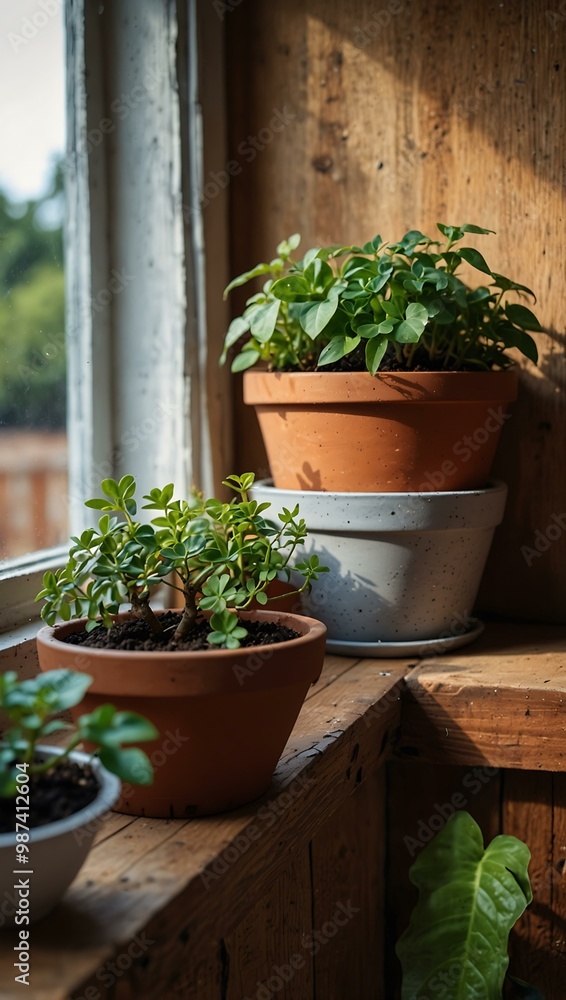 Potted plants on a wooden windowsill. Potted plants on a wooden windowsill.