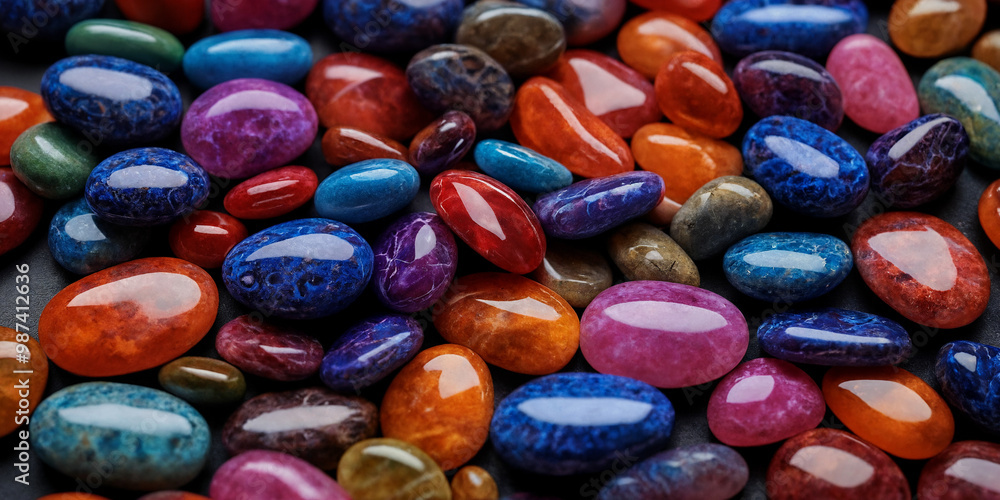 Leuchtende, polierte Edelsteine in intensiven Blau-, Rot-, Violett- und Orangetönen, mit glänzenden Oberflächen und einer harmonischen Anordnung, die ihre natürliche Schönheit unterstreicht Leuchtende, polierte Edelsteine in intensiven Blau-, Rot-, Violett- und Orangetönen, mit glänzenden Oberflächen und einer harmonischen Anordnung, die ihre natürliche Schönheit unterstreicht