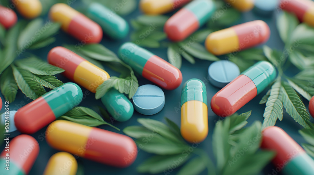 Colorful capsules and tablets are scattered among green cannabis leaves, creating vibrant and intriguing composition that highlights intersection of herbal and pharmaceutical remedies Colorful capsules and tablets are scattered among green cannabis leaves, creating vibrant and intriguing composition that highlights intersection of herbal and pharmaceutical remedies