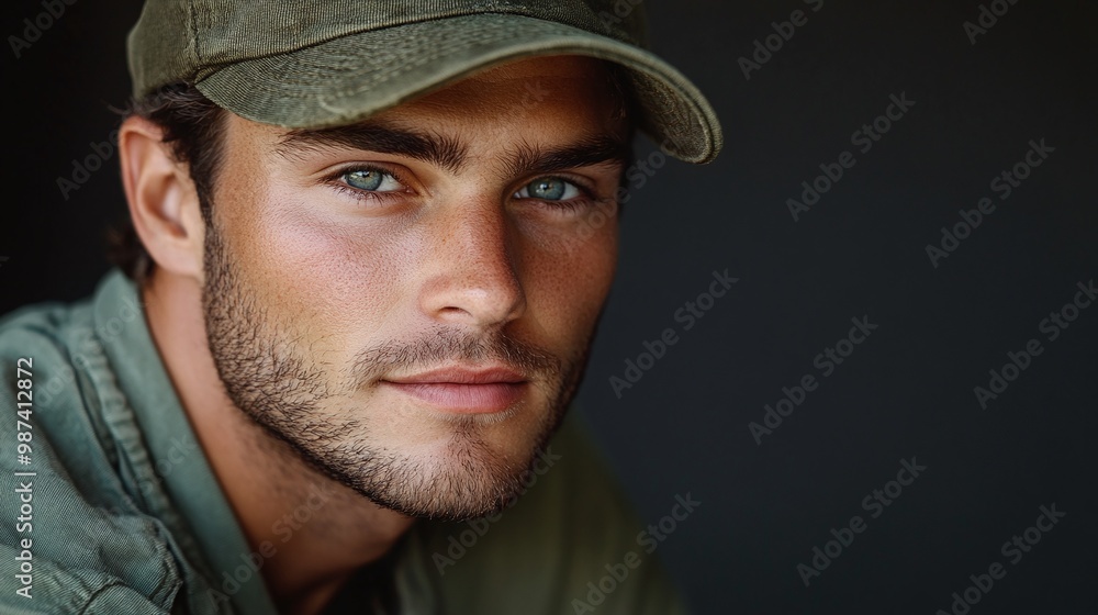 portrait of a young man with a khaki green cap, representing modern fashion trends and youthful energy in a vibrant outdoor setting portrait of a young man with a khaki green cap, representing modern fashion trends and youthful energy in a vibrant outdoor setting