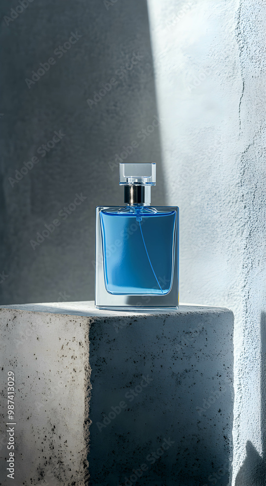 A bottle of men's perfume in blue on a stone podium against a gray wall, studio light, copy space. Concept of men's perfume. A bottle of men's perfume in blue on a stone podium against a gray wall, studio light, copy space. Concept of men's perfume.