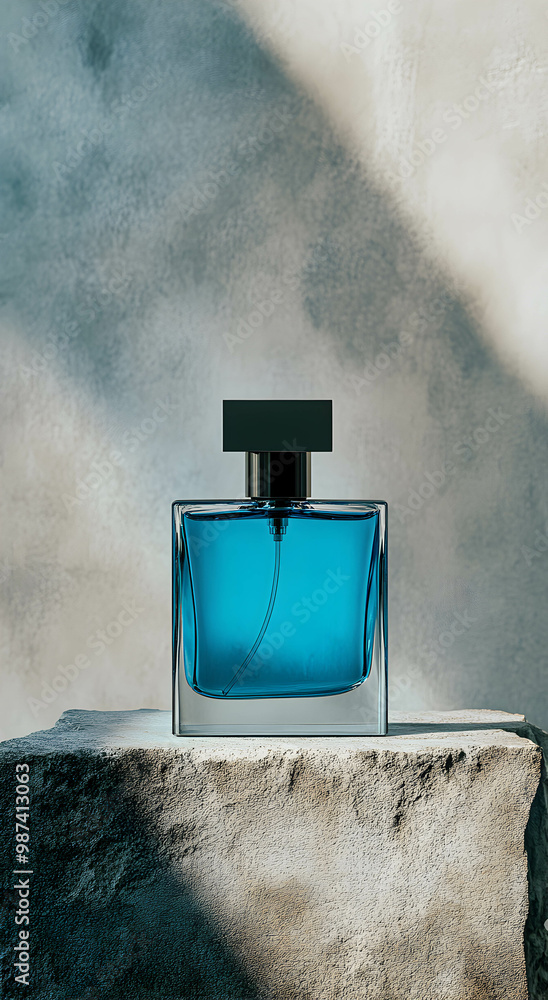 A bottle of men's perfume in blue on a stone podium against a gray wall, studio light, copy space. Concept of men's perfume. A bottle of men's perfume in blue on a stone podium against a gray wall, studio light, copy space. Concept of men's perfume.