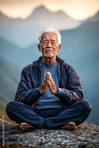 Close-up of an elderly person meditating on a mountain peak, their calm face glowing with an impossible aura of peace and energy