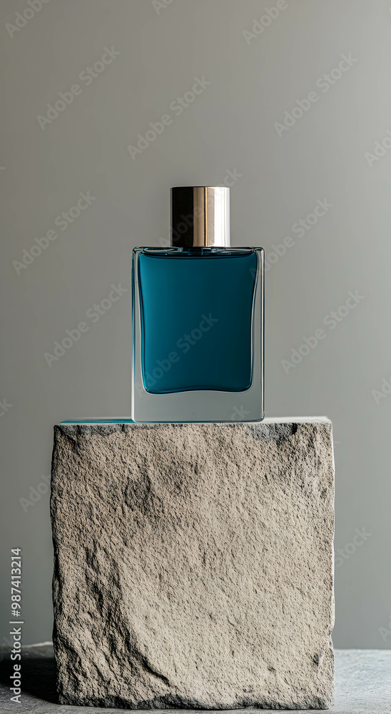 A bottle of men's perfume in blue on a stone podium against a gray wall, studio light, copy space. Concept of men's perfume. A bottle of men's perfume in blue on a stone podium against a gray wall, studio light, copy space. Concept of men's perfume.