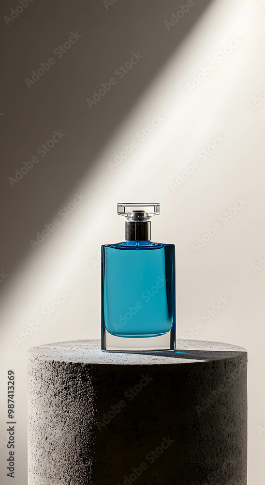 A bottle of men's perfume in blue on a stone podium against a gray wall, studio light, copy space. Concept of men's perfume. A bottle of men's perfume in blue on a stone podium against a gray wall, studio light, copy space. Concept of men's perfume.