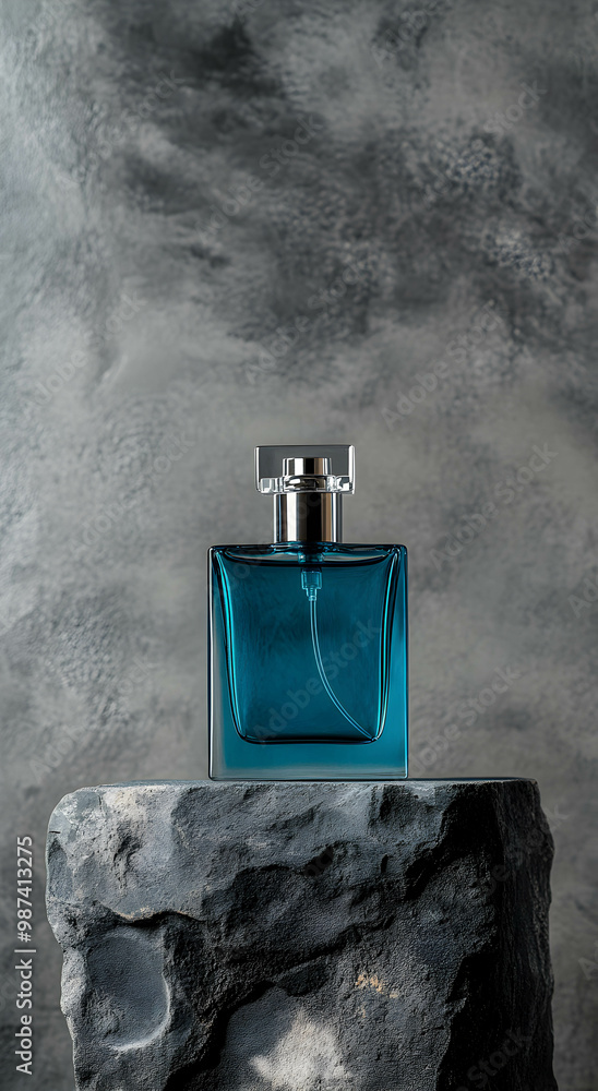 A bottle of men's perfume in blue on a stone podium against a gray wall, studio light, copy space. Concept of men's perfume. A bottle of men's perfume in blue on a stone podium against a gray wall, studio light, copy space. Concept of men's perfume.