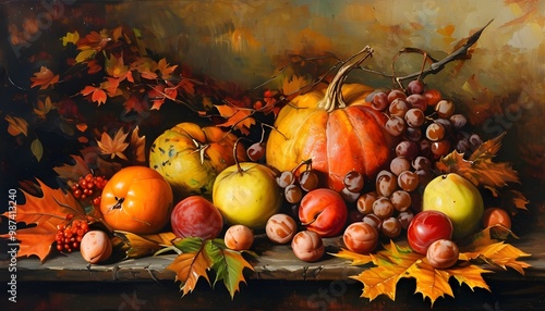 Autumn Harvest: A Still Life Featuring Lush Fruits Amidst Vibrant Fall Leaves