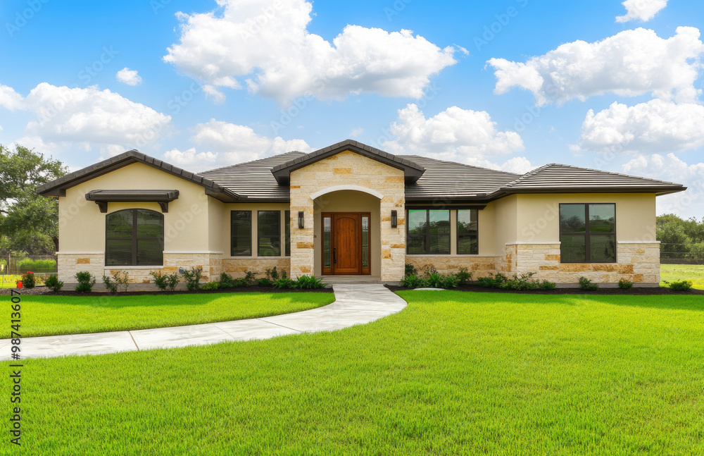 Beautiful front view of the exterior of an elegant single-story home Beautiful front view of the exterior of an elegant single-story home